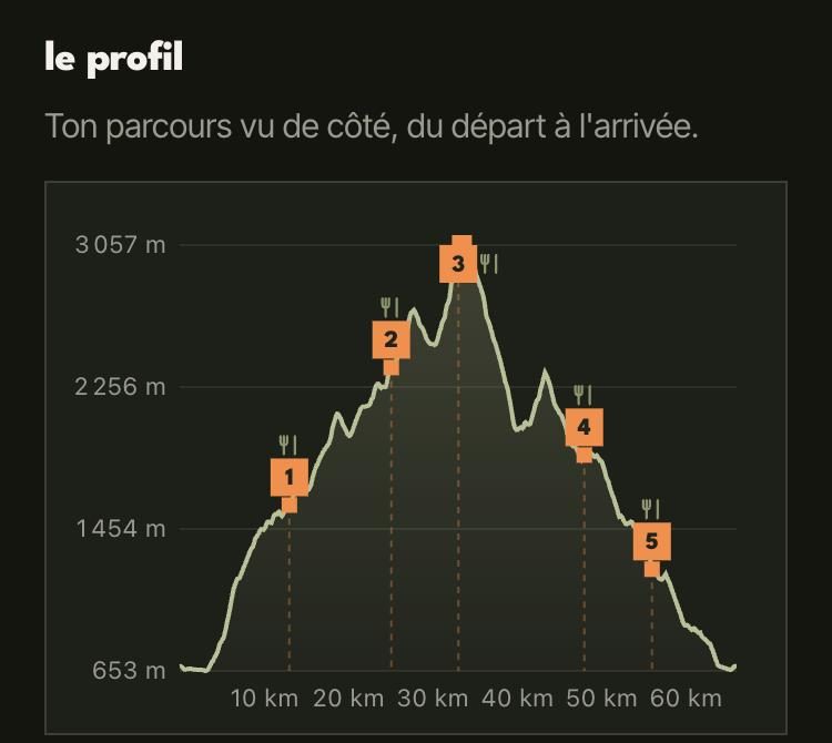 Le profil de la 6000D dans marmott, avec les cinq ravitos numérotés posés sur la courbe