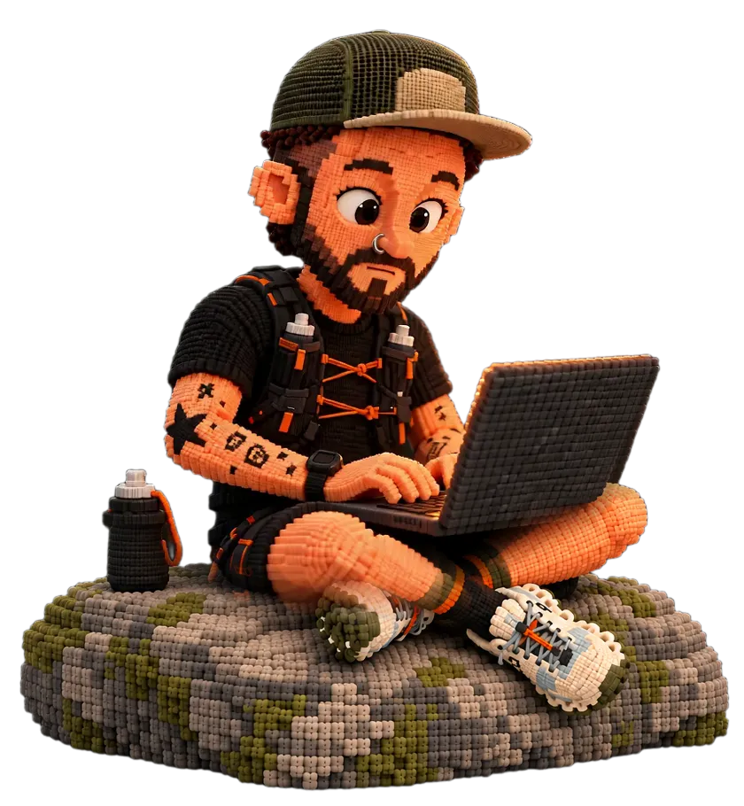 La mascotte voxel de David, assise sur un rocher, qui code sur son portable